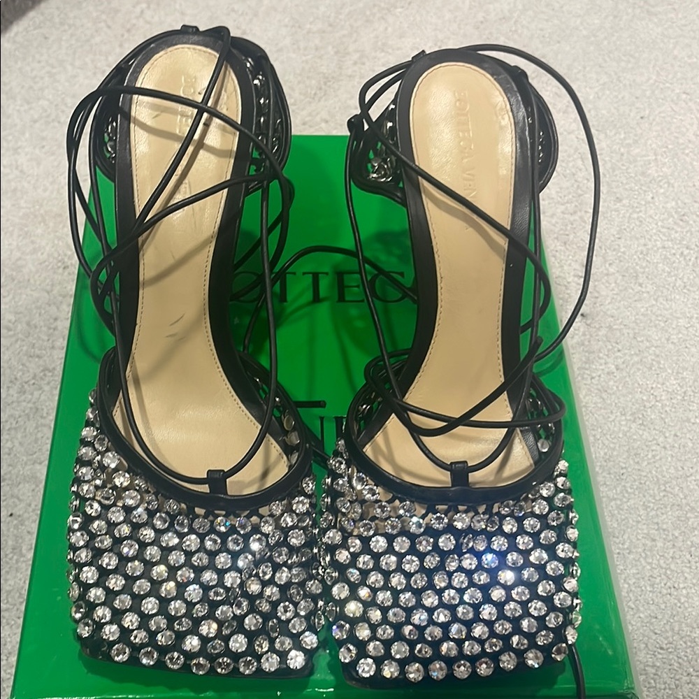 Bottega Veneta Black Silver Heels with Ankle Wrap